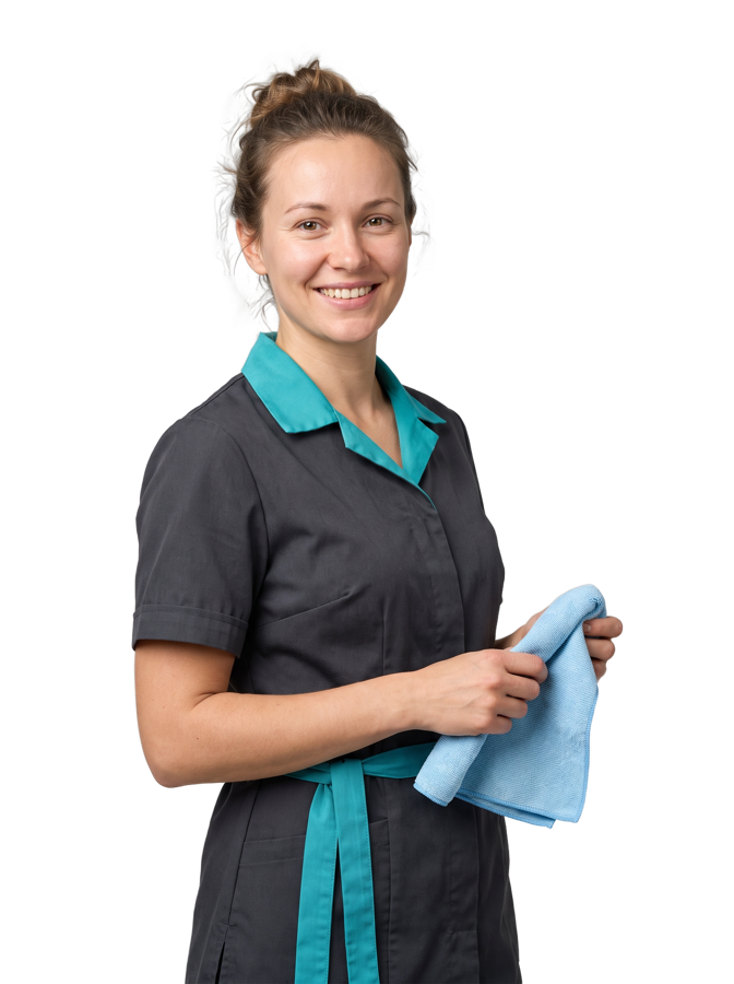 Pracovníčka UPRacto v uniforme s mikrovláknovou utierkou