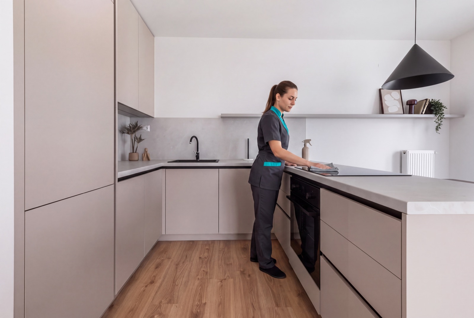 Upracto cleaner wiping the kitchen worktop